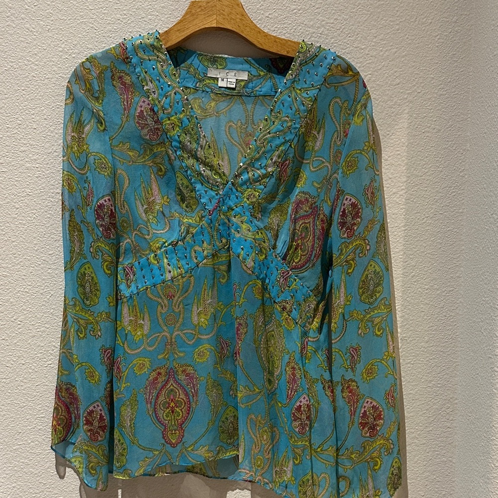 Ice Blue Paisley V-Neck Blouse
